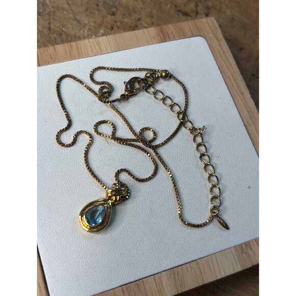 Avon Gold-Tone Necklace With Teardrop Blue Crystal Pendant - Picture 8 of 8